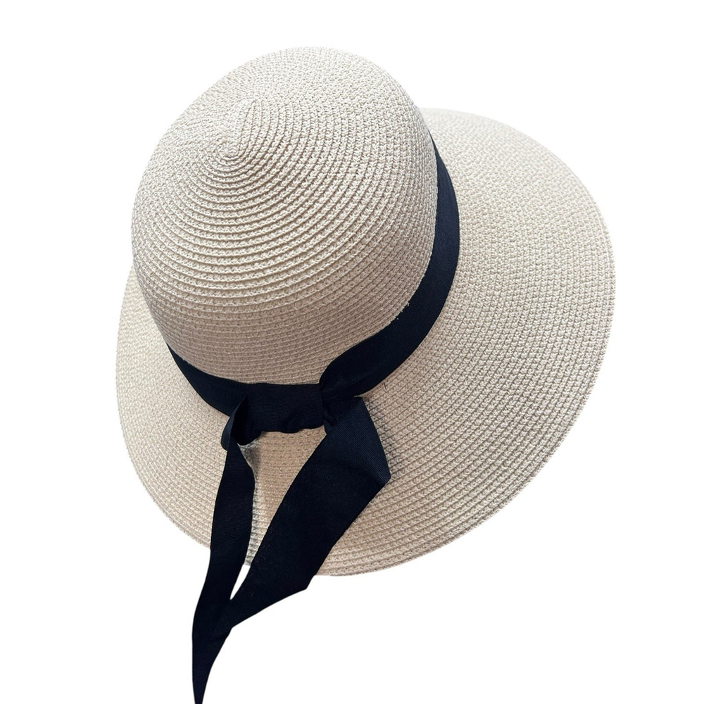 Wide Brim Straw Sun Hat Beige Black Ribbon Large coastal grandma euro summer